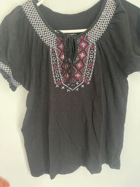 Charter Club Black Peasant Blouse with Pink & White Embroidery